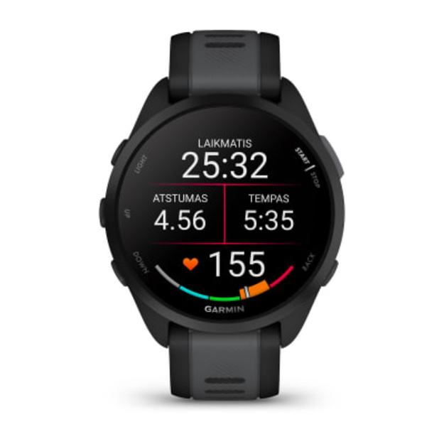 Garmin Forerunner&reg; 165 sportinis i&scaron;manusis laikrodis (juodos / pilkai melsvos spalvos)